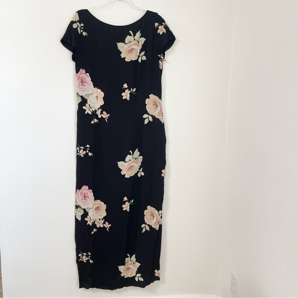 David Warren New York Maxi Black Floral Print Dress Drape Back Plunge Sz 12 Y2K